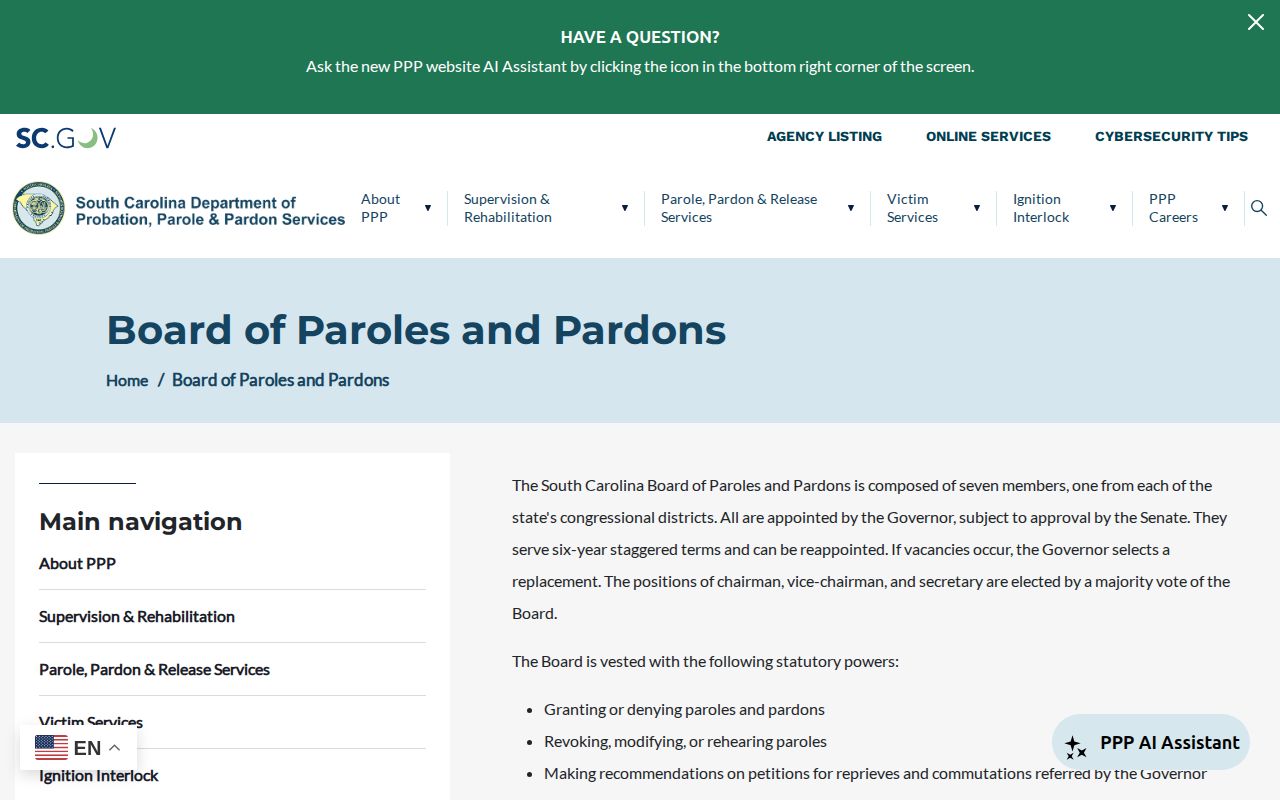 South Carolina Parole Board page with hearing calendar access