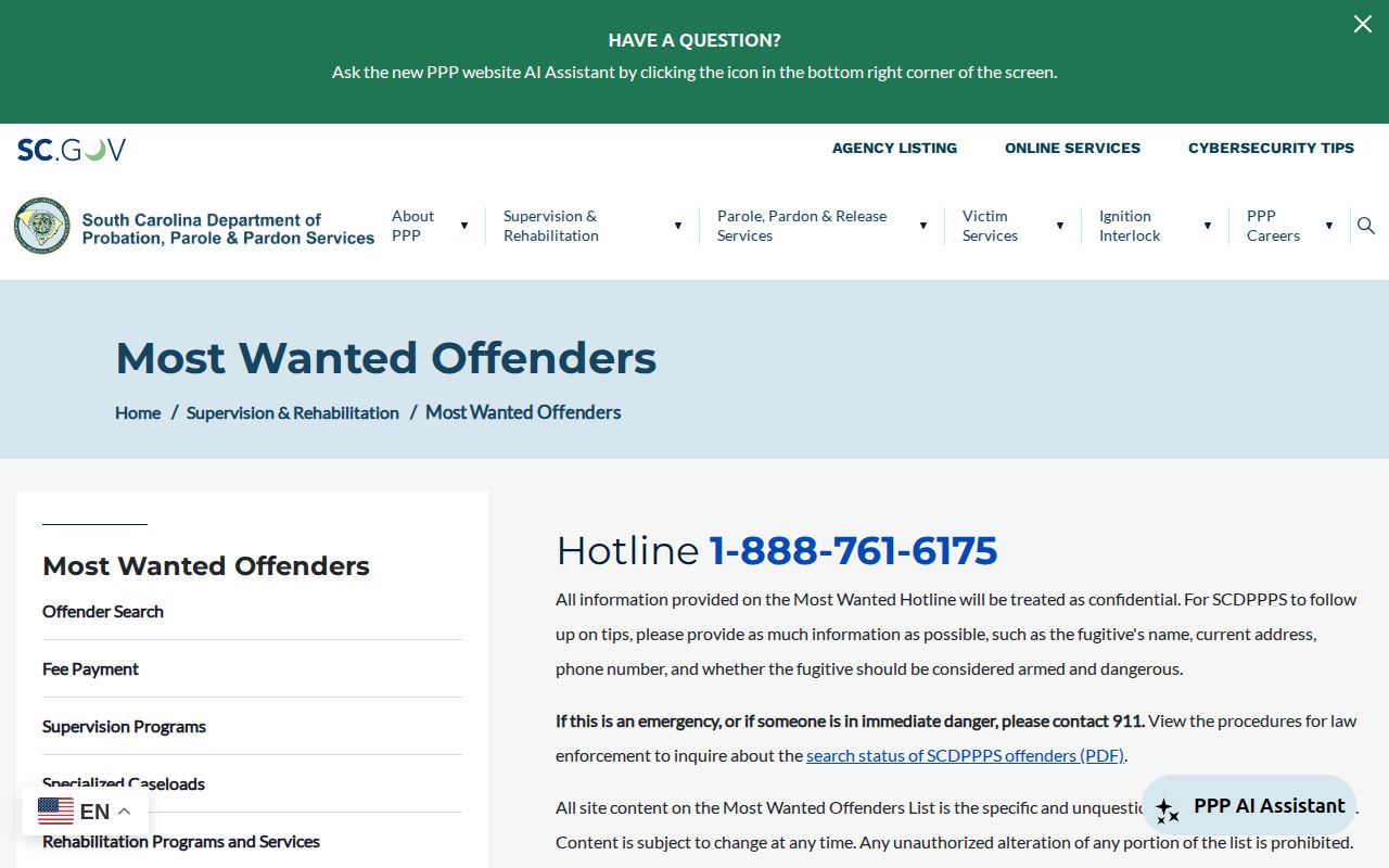 South Carolina PPP Most Wanted page and published scope