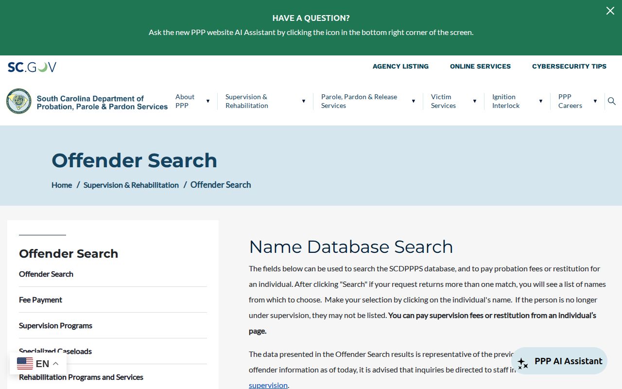 South Carolina PPP offender search and prior-day information warning