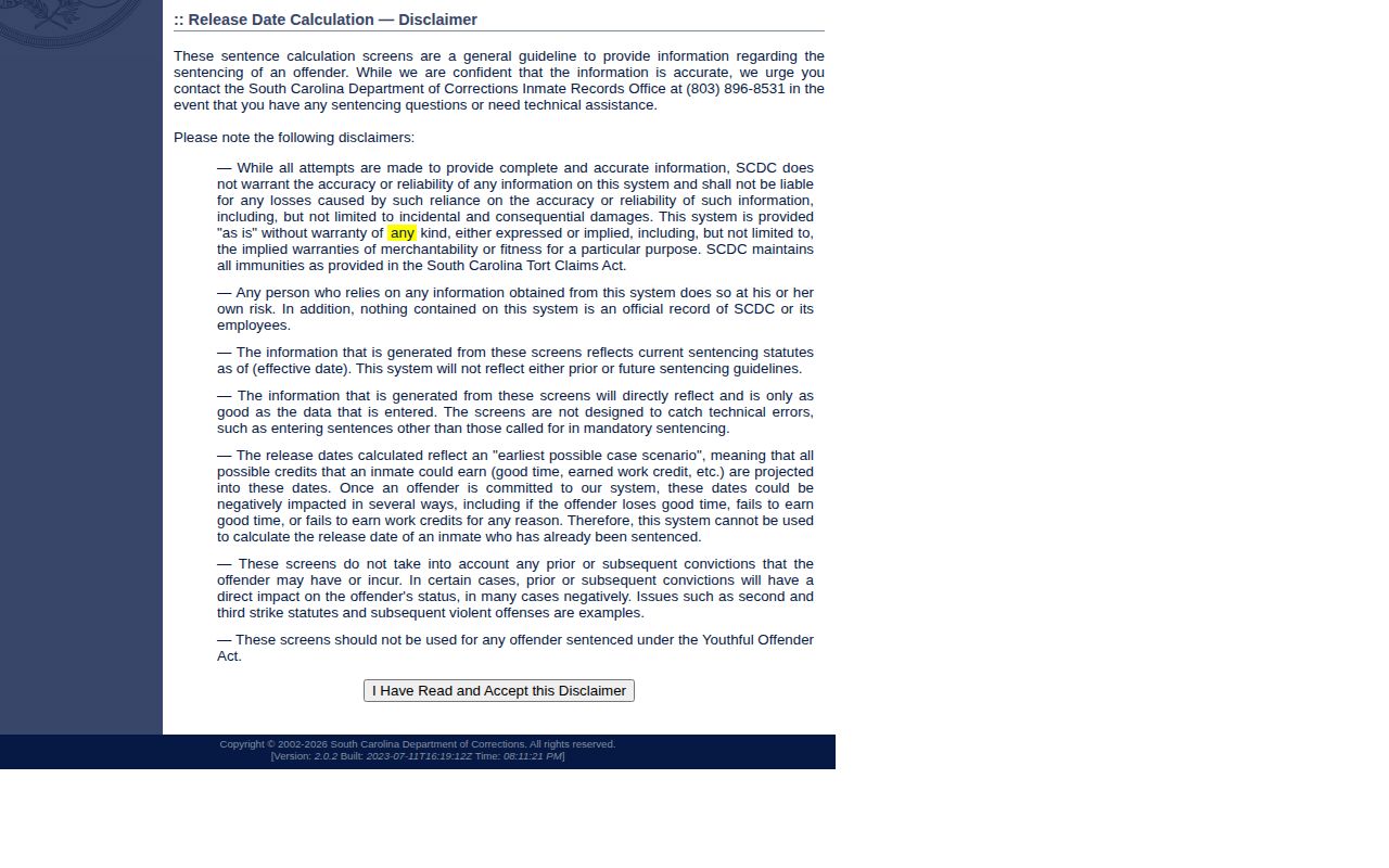 Fairfield County inmate release date calculator disclaimer from SCDC