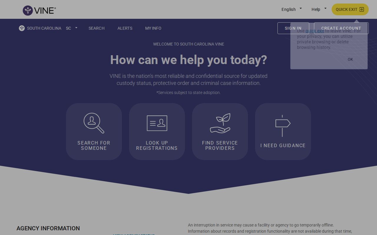 South Carolina VINELink search and notification interface
